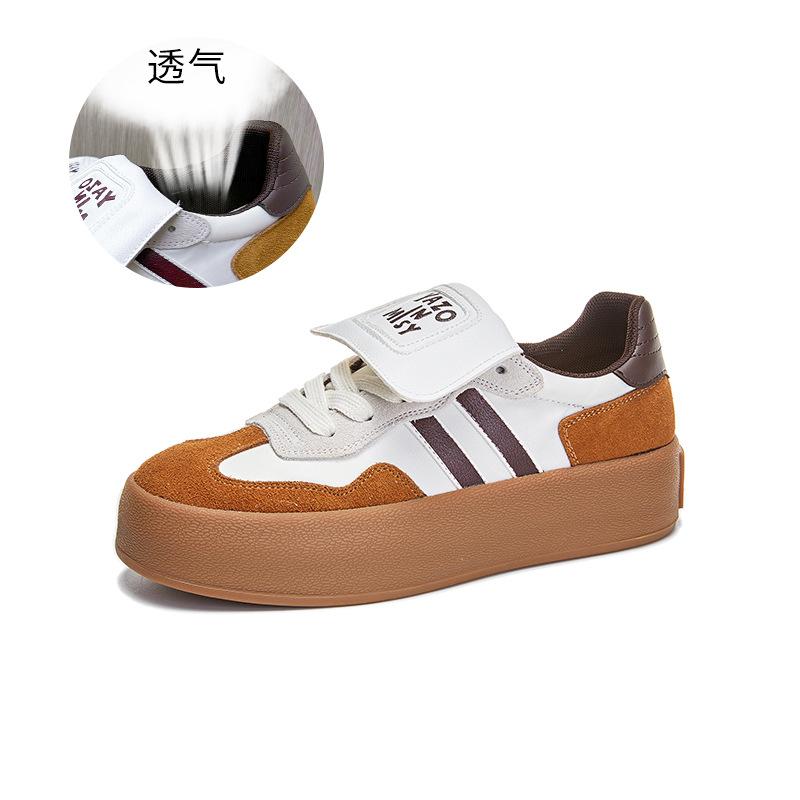 Leather flip-top German training shoes women's 2025 autumn new thick-soled heightening sports shoes casual versatile color matching Forrest Gump shoes