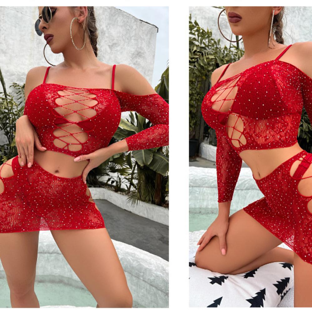 Sexy Lingerie  Rhinestone Stockings Women Long Sleeve Fishnet Free Off Women's Transparent Stocking One-Piece Lingerie Female