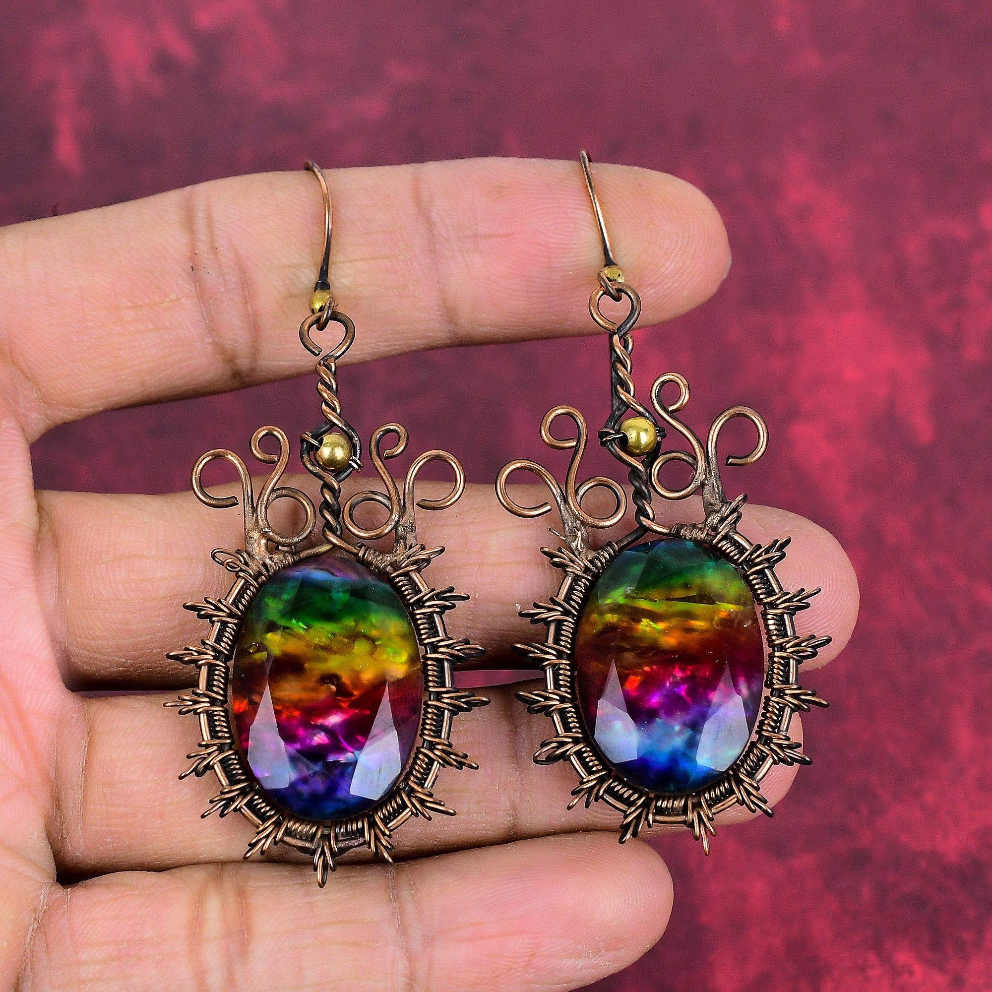 

Faceted ammolite earrings copper wire wrapped earring handmade earring brand new earring copper wire wrap gemstone jewelry anniversary gifts