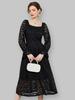 Women's Lace Trim Black Dress - European & American Style, Waist-Hugging, Long-Sleeved, Mid-Length