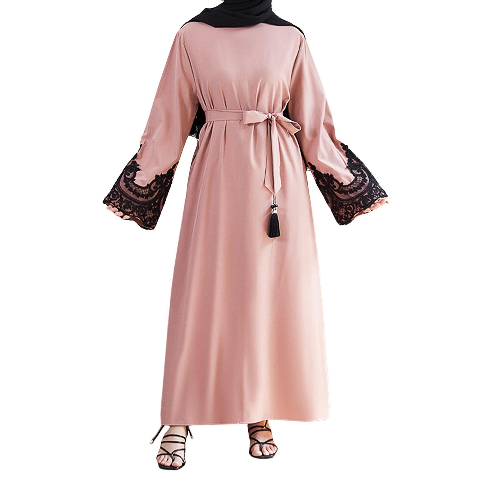 

Мусульманские женские платья с вышивкой, пайетками, манжетами, повседневные, с длинным рукавом, кисточками, завязками на талии XL розовый