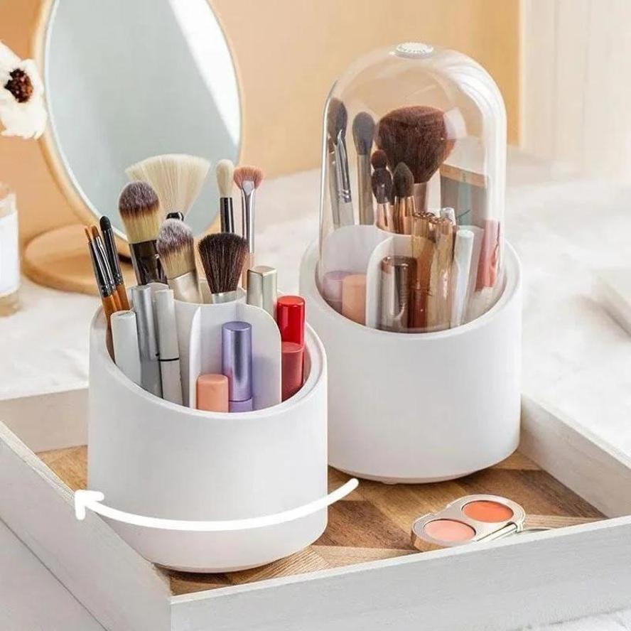 Makeup Brush Holder With Lid 360 Rotating Makeup Brush Holder Organizer Storage Box For Vanity Desktop Countertop Dresser Table