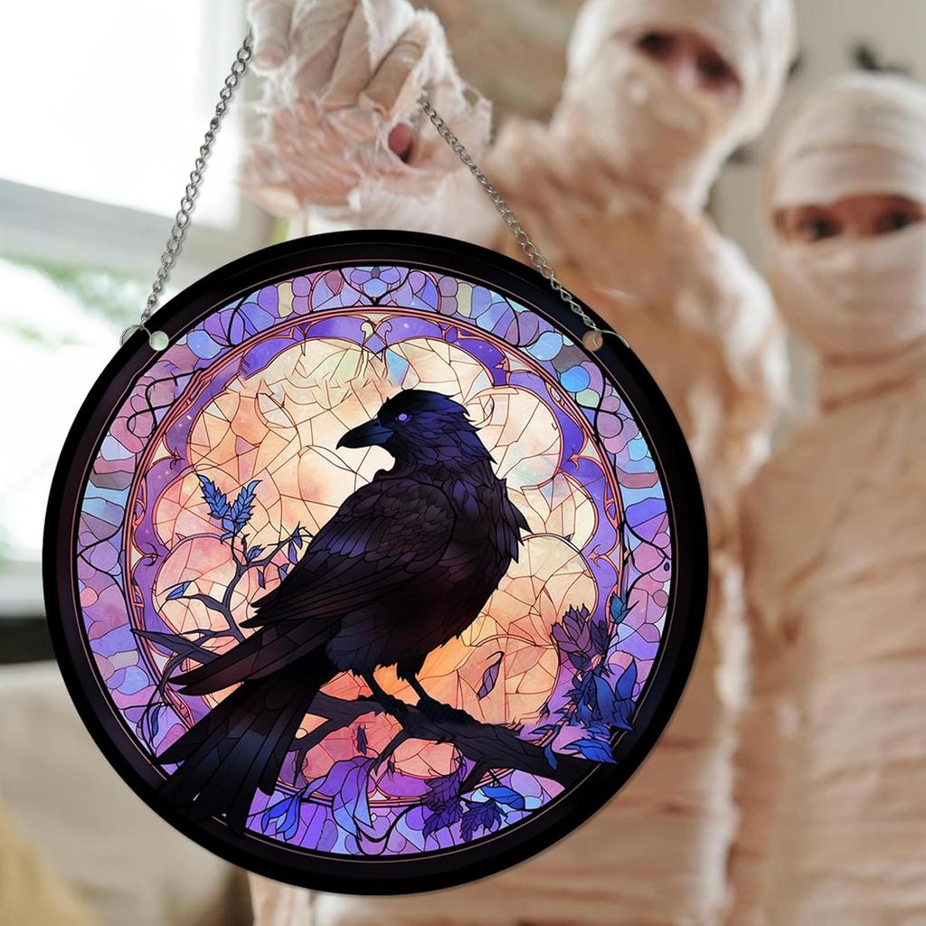 Crows Halloween Decor Reddish Purple Crow Stained Acrylic Window Hanging, Halloween Fall Horror Gothic Witchy Indoor Round Wall Art Decor Raven Gifts