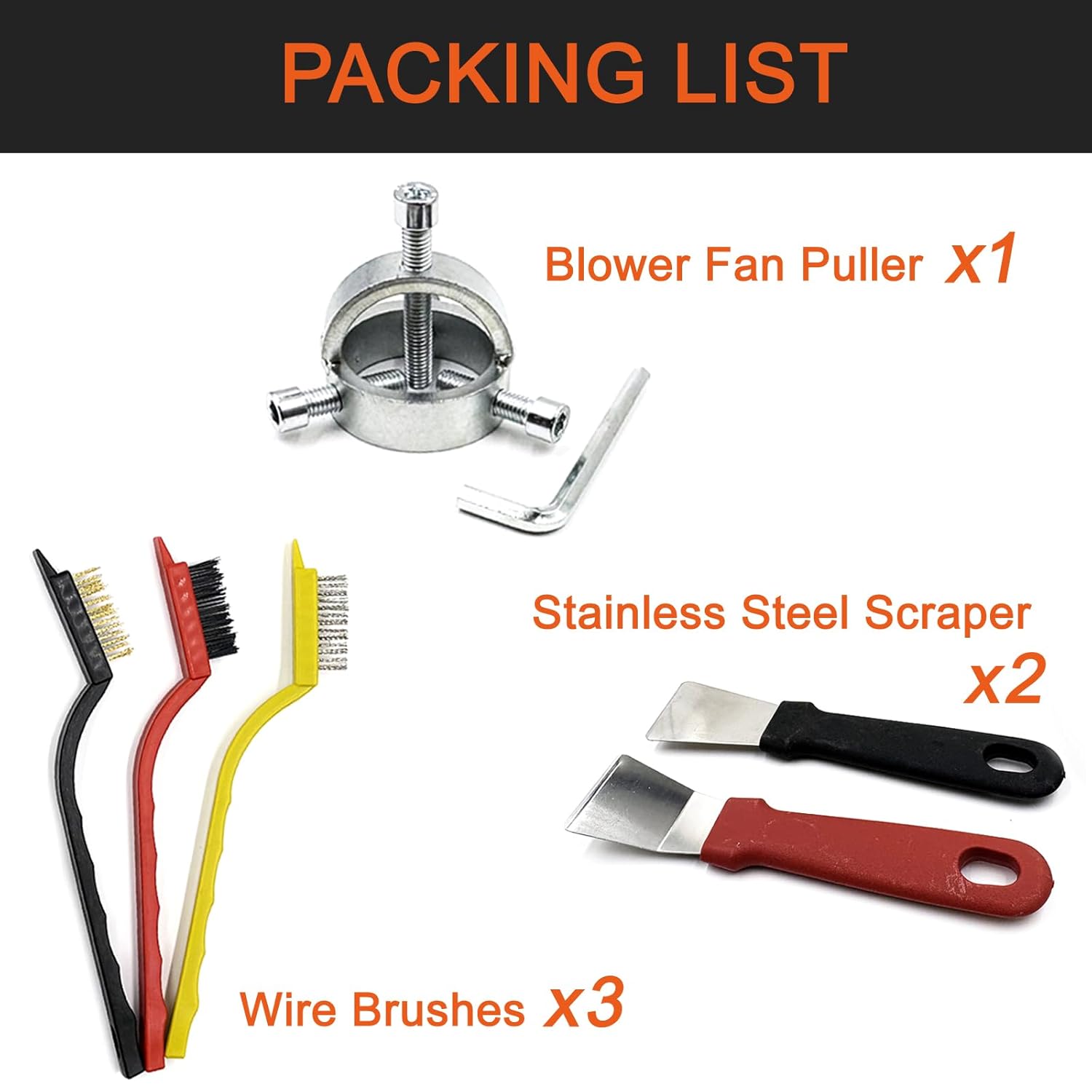 

Fan Blade Blower Wheel Puller Kit,1Pcs Blower Fan Puller+3Pcs Small Wire Brushes+2Pcs Stainless Steel Scraper,Range Hood Cleaning Wind Wheel Removal