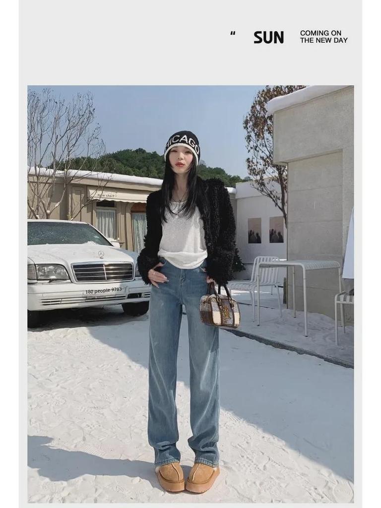 Women's High-Waist Wide-Leg Jeans with Velvet Lining - Autumn/Winter Slim Fit, Thick, and Warm Straight Trousers