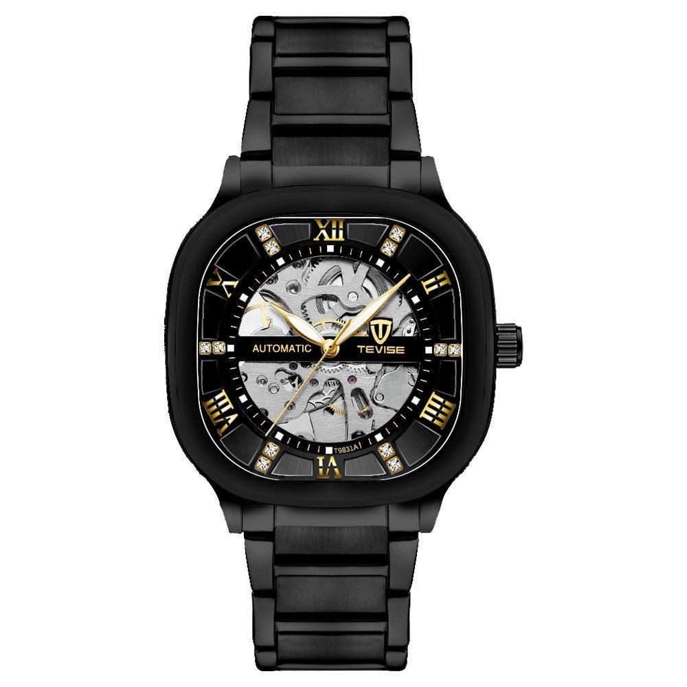 TEVISE Automatic Mechanical Watches for Men Stainless Steel Waterproof Skeleton Watch Square Dial Luminous Fashion Business Wristwatch