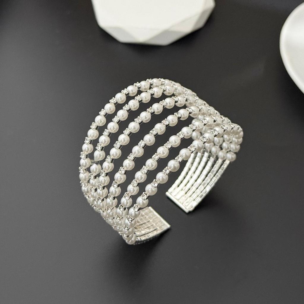 Elegant Multi-layer Pearl & Rhinestone Bangle Bracelet for Brides