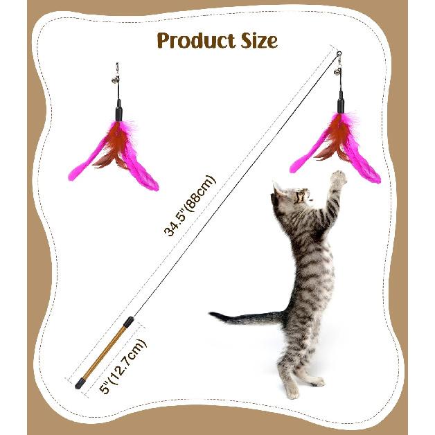 Feather Teaser Cat Toy Flying Feather Cat Catcher with Extra Long 34.5" Wand and Small Bell Fun Exerciser Playing Toy for Kitten