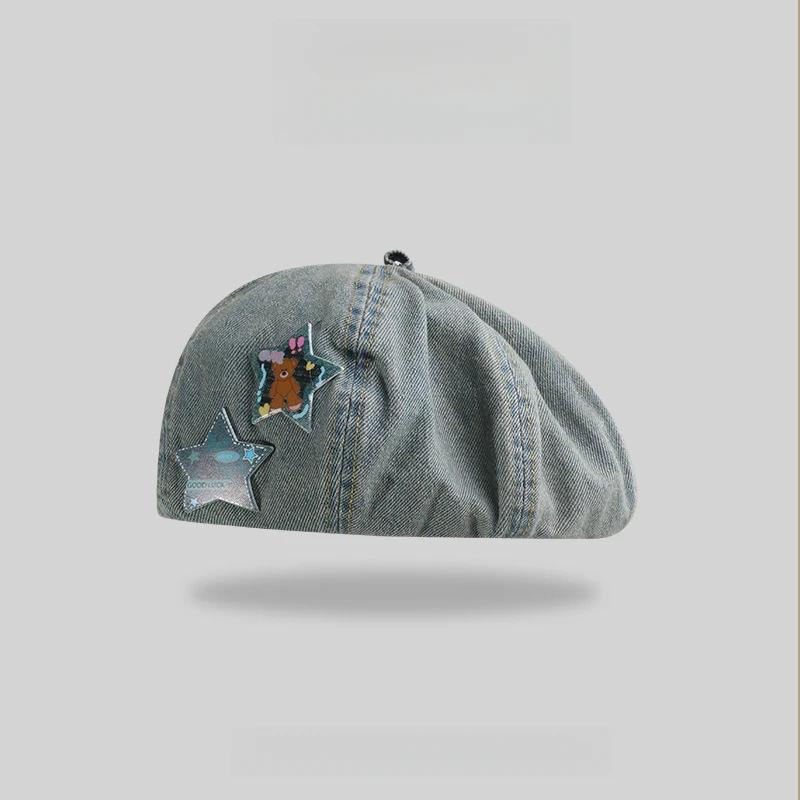 Washed Beret Women Summer Sweet All-match Retro Student Face Slimming Painter Newsboy Cap 2026 New 56-58cm светло-синий