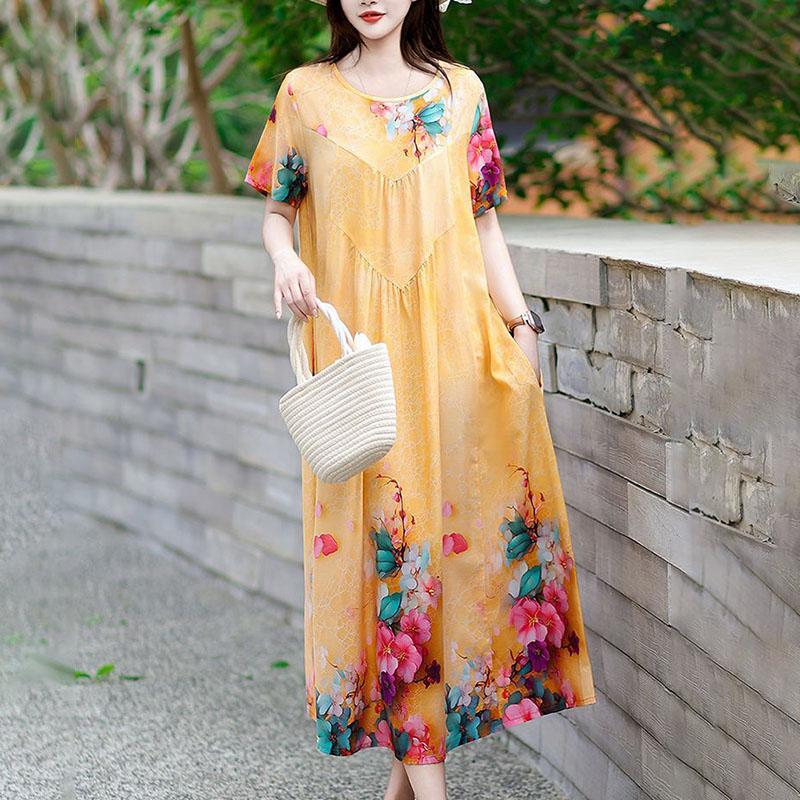 Summer Women's Plus Size Dress Loose Round Neck Floral Dress Soft Skin-friendly Breathable Long Dress