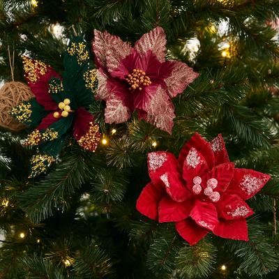 Large Glitter Artificial Christmas Flower Flocking Handmade Christmas Poinsettia Beautiful Xmas Tree Ornaments Party Supplies