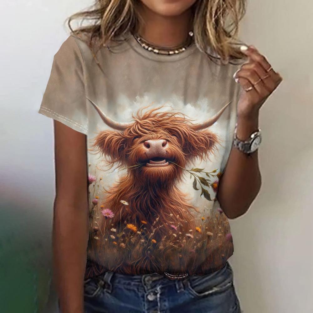 Vintage Cartoon Yak Print Tees Ladies Short Sleeve T Shirt 2025 Summer Casual Daily