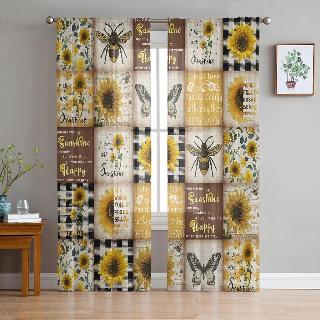 Sunflower Retro Rustic Sheer Curtain for Living Room Hall Wall Dress Up Home Window Supplies Pop Print Tulle Curtains