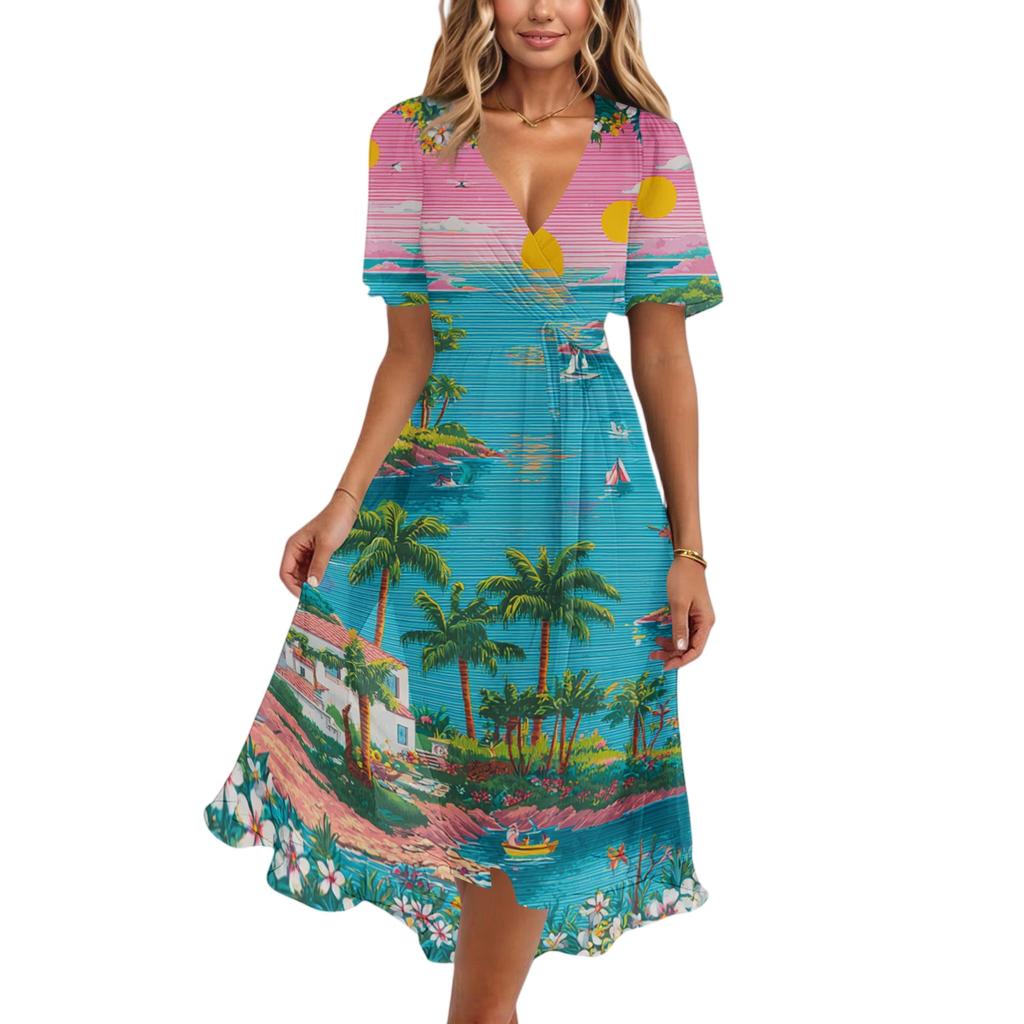 Vestito Casual da Donna con Scollo a V a Maniche Corte, Stampa Hawaiana, Lunghezza Midi, Estivo da Spiaggia, con Vita Elastica e Tessuto Leggero