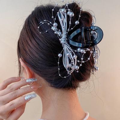 Korean Silver Color Ball Chain Hair Claw Bow Duckbill Clip Shark Clip Elegant Headpiece Hair Accessories for Women Girls