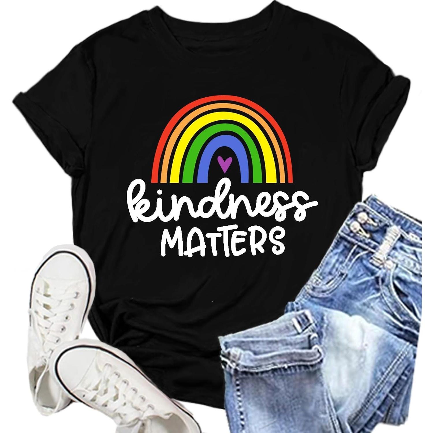 

Be Kind Shirt for Women Kindness Matters T-Shirt Rainbow Heart Tee Tops XXXXXL чорний