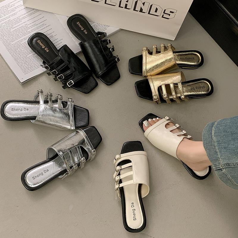 New Retro Square Toe Flat Fashion Slippers Women's 2025 Summer New Fairy Style Belt Buckle One-word Belt