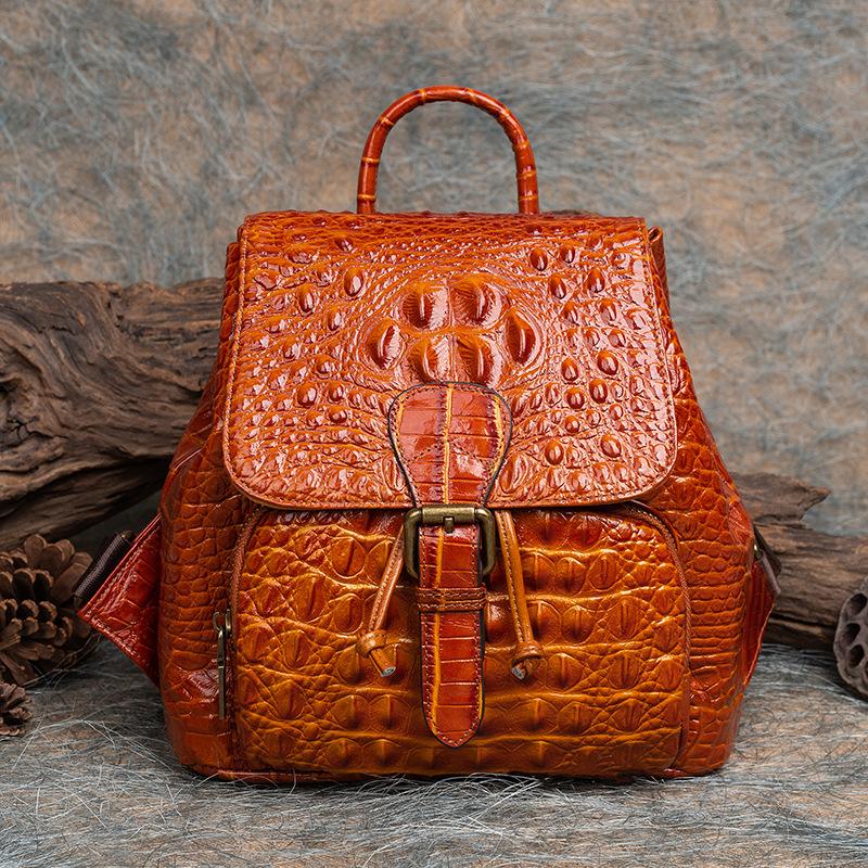 Vintage Women Genuine Leather Backpack Crocodile Pattern Women's Real Cow Leather Bagpacks Luxury Anti-theft Ladies Travel Bag