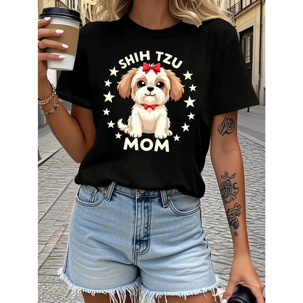 Women's Shih Tzu Mom Dog Lover T-Shirt - Cute Shih Tzu & SHIH TZU MOM Graphic with Hearts & Paw Prints, Soft Comfort Fit Casual Round Neck All-Season
