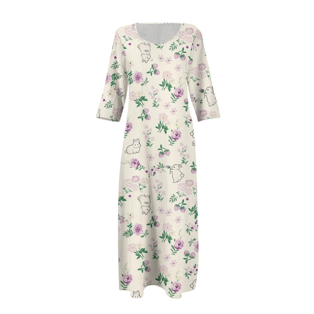 Dresses For Womens Vintage Print Tunic Waisted Midi Dress Summer Casual  3/4 Sleeve Dress