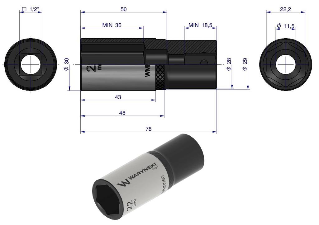 Hex Socket 1/2". 22 Mm. Long. Crv50Bv30. Din 3124. Waryński