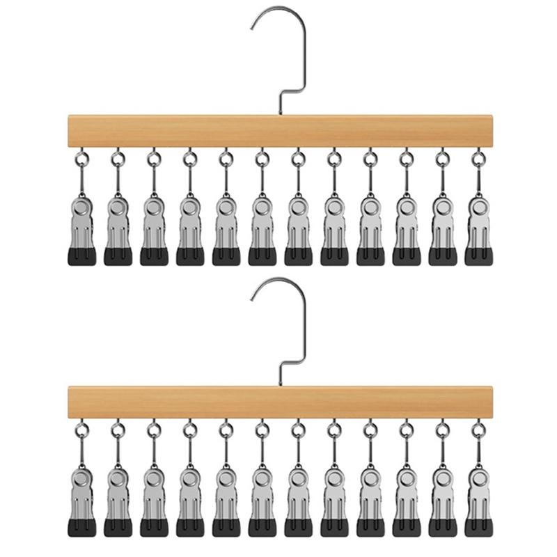 Wood Multi-Function 12 Clips Underwear Clip Wardrobe Clothes Hanger