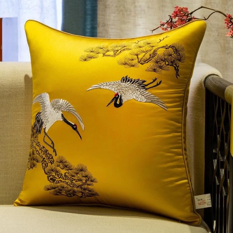 Wohnzimmer Schlafzimmer Kran Bestickte Dekokissen Kissenbezug im Neuen Chinesischen Stil Mahagoni Zuhause Sofa Bett Taillenkissenbezug