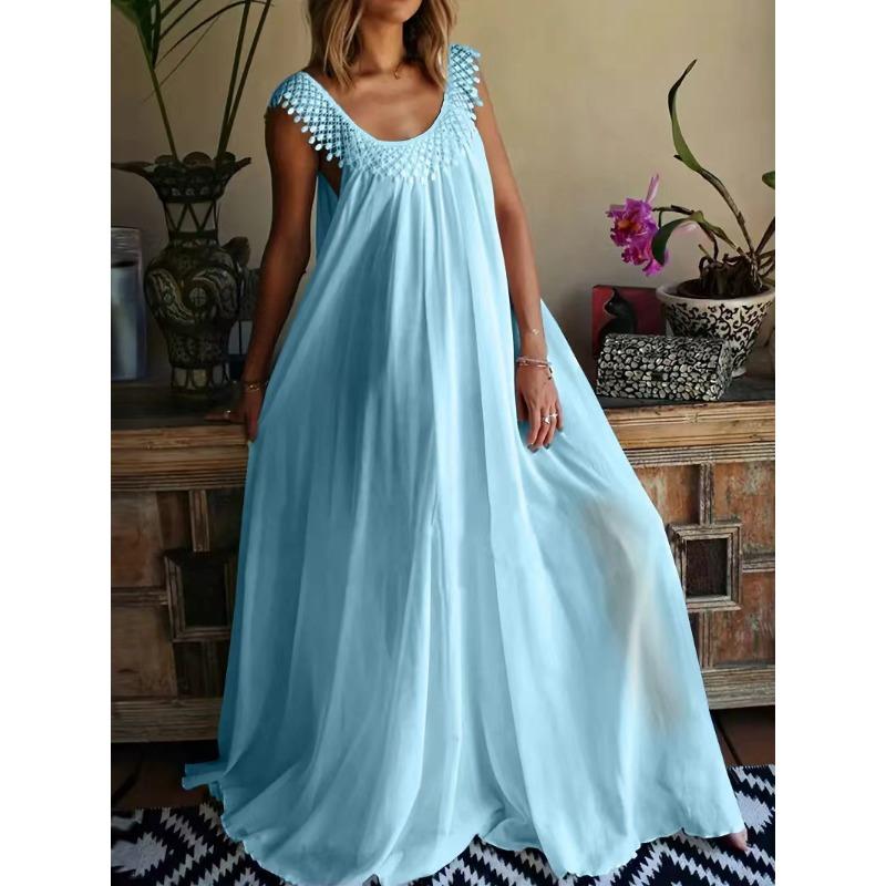 Vestido de Moda de Verano para Mujer Elegante de Cuello Redondo Grande sin Mangas Largo Oversize con Encaje