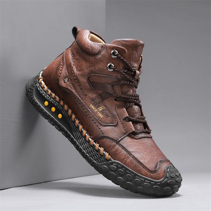 Large Size High-top Casual Leather Shoes Men's Non-slip Mountaineering Shoes Sewn Handmade Shoes Outdoor Casual Shoes