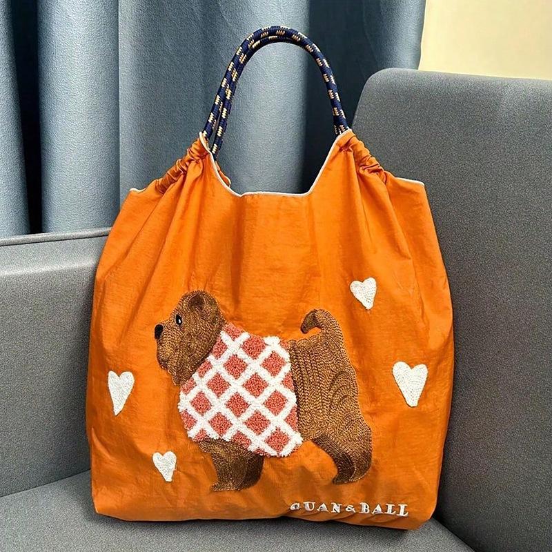 Bolso Tote y Bandolera de Lona con Bordado de Chenilla de Dibujos Animados Bonitos de Gran Capacidad - Ecológico, Perfecto para Salidas y Compras