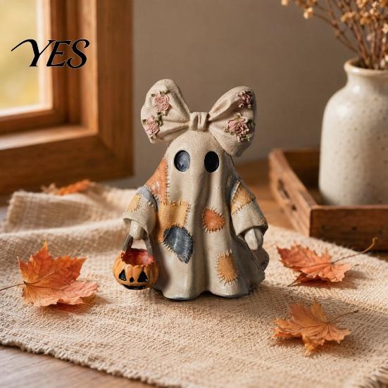 Warm Glow Decoration Light Halloween Lighted Patchwork Ghost Figurine, Light-Up Bow with Pumpkin Vintage Figurine Lantern, Ghosts Lamp for Holiday