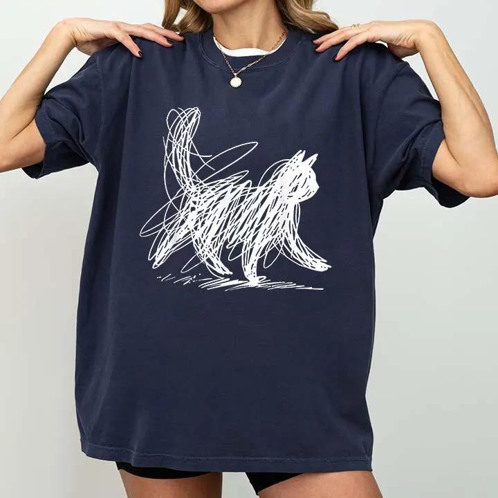 Scribble Cat Minimal Line Art Japanese TShirt Summer Unisexs and Womens Loose and Breathable Tshirt Top