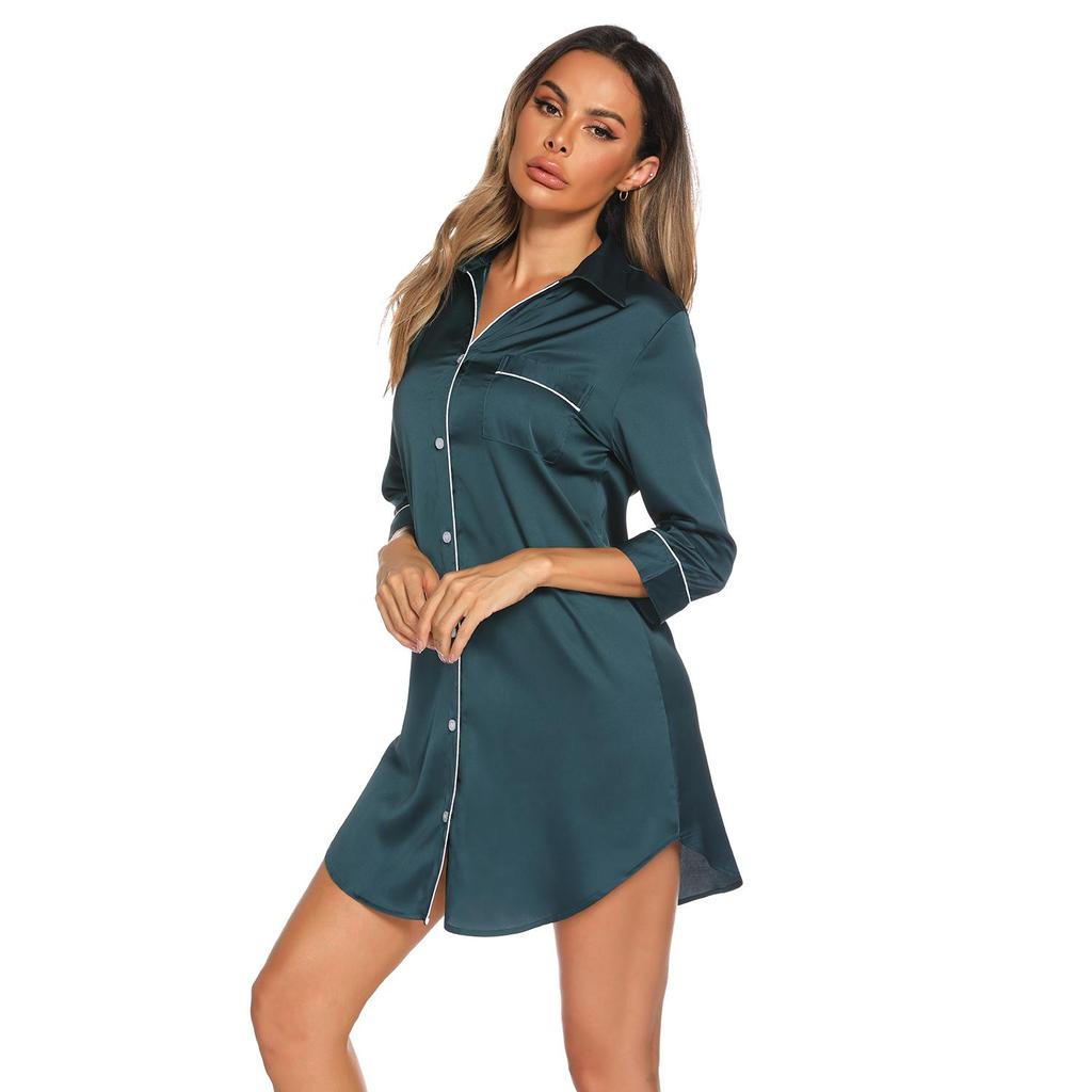 Women's Sleep Shirt Silk Imitation Long Sleeves Thin Night Shirt Ladies Pajamas Nightwear Sexy Sleepwear In Black Navy Green
