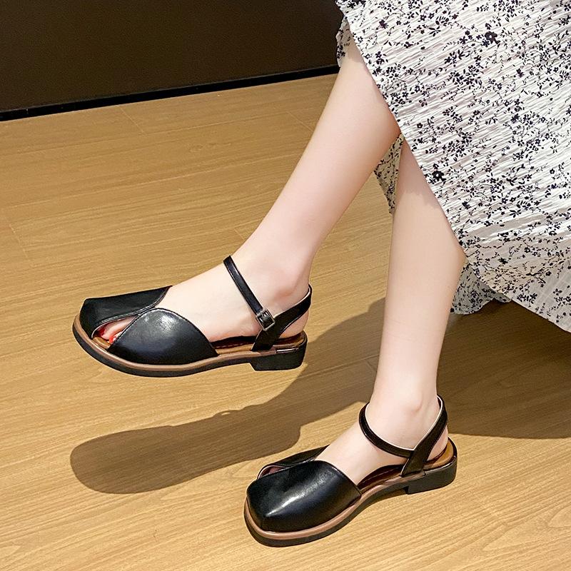 Fashion Women's Low Heel Sandals Open Toe Summer Fashion French Style with Buckle Design Rubber Outsole Breathable Summer Footwear