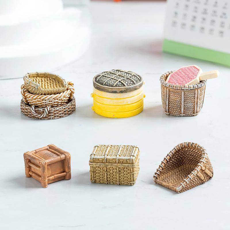 3Pcs/Set Dollhouse Miniature Resin Woven Basket Food Storage Picnic Basket Furniture Model For Doll House Accessories Decoration