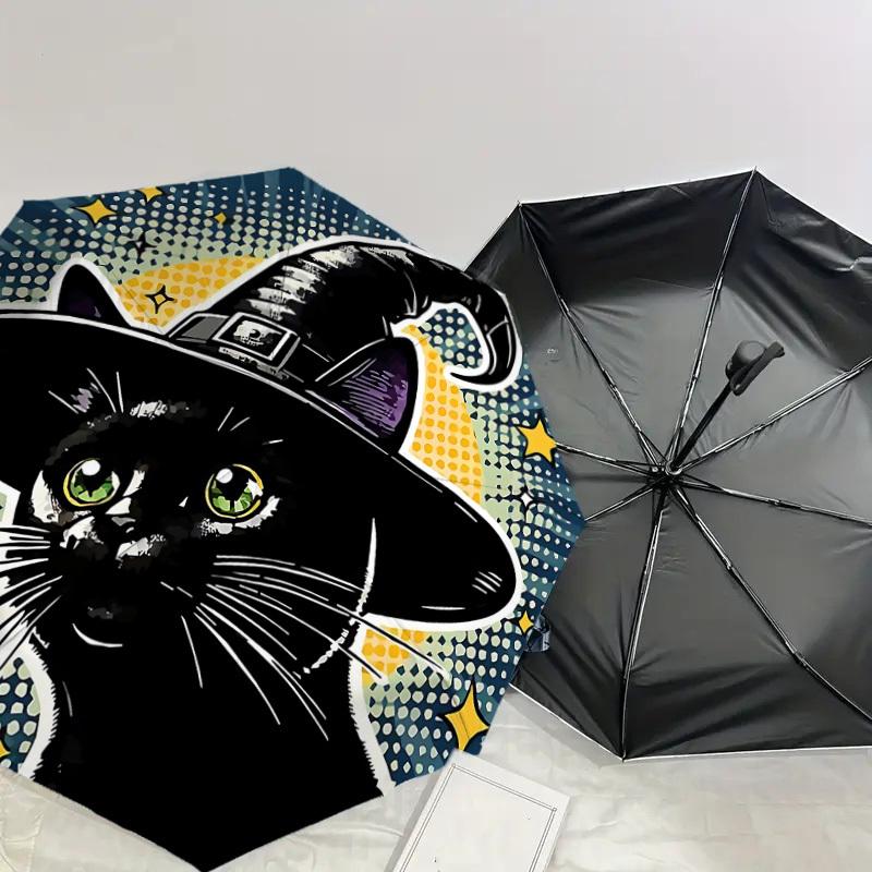 Spooky Witch Cat Umbrella: Automatic Opening & Closing, Outdoor Protection, Travel Accessory, Lightweight & Durable