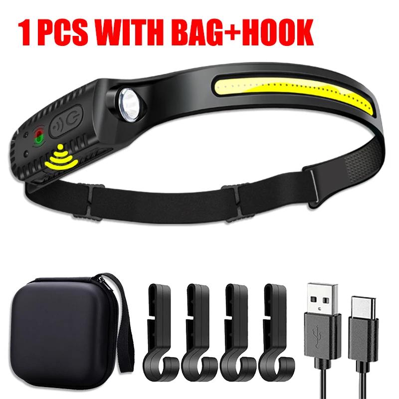 LED COB Sensor Headlamp USB Rechargeable Lamp with Built-in Battery 5 Lighting Modes Headlight Outdoor Emergency Working Lantern