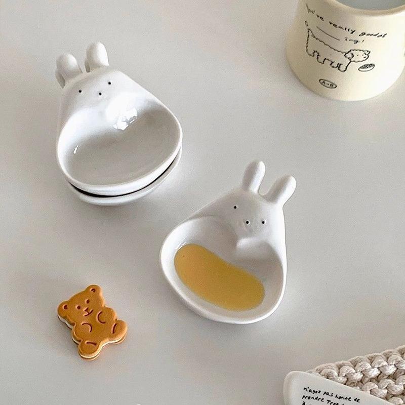 Super Cute Cartoon Rabbit Dipping Saucer Household Three-dimensional Ceramic Saucer Ketchup Snack Plate Vinaigrette White Rabbit