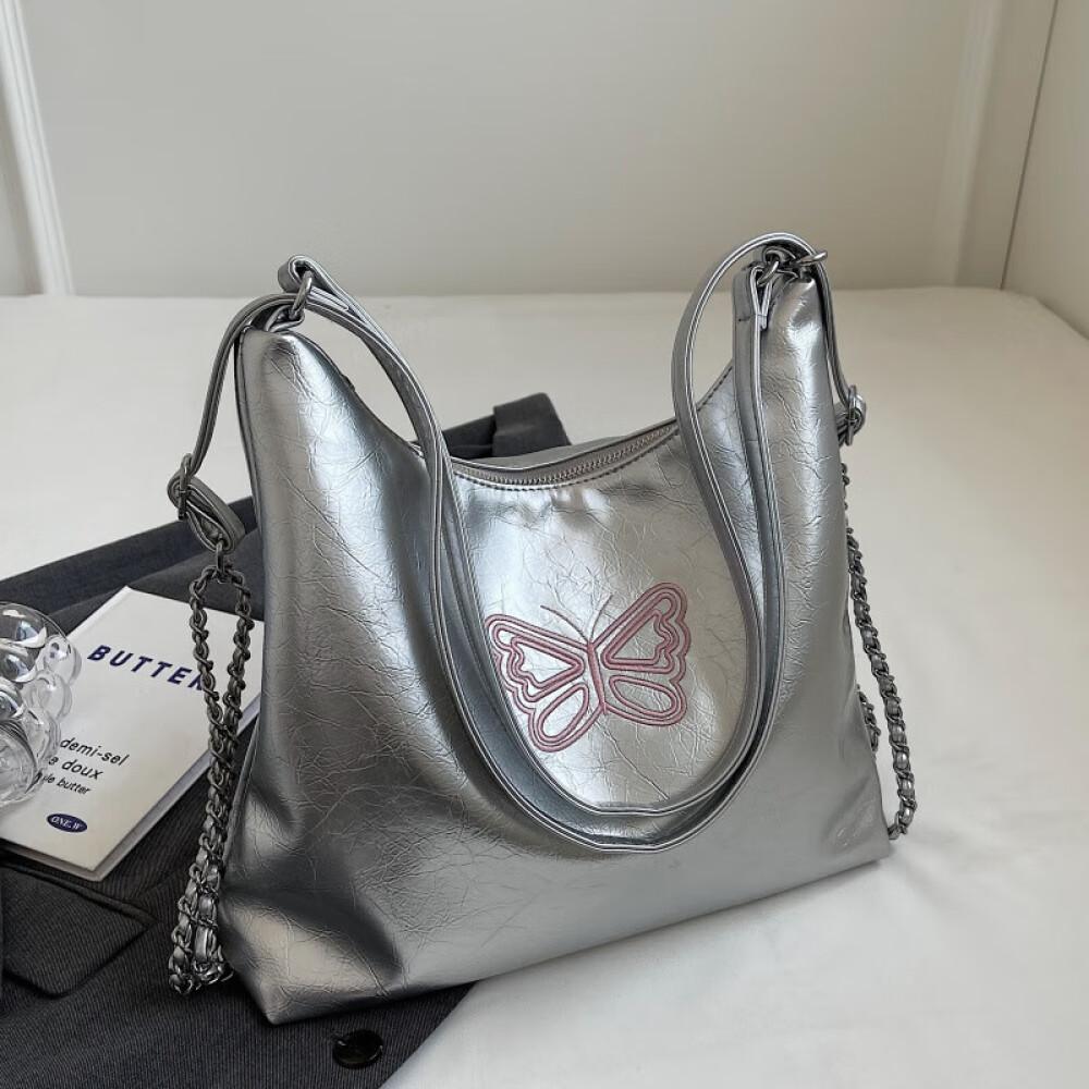 

Рюкзак с бабочкой, летняя крутая сумка на цепочке, студенческий класс, большая вместительная сумка-тоут, длина 34 см, ширина 11 см, высота 26 см серебряный