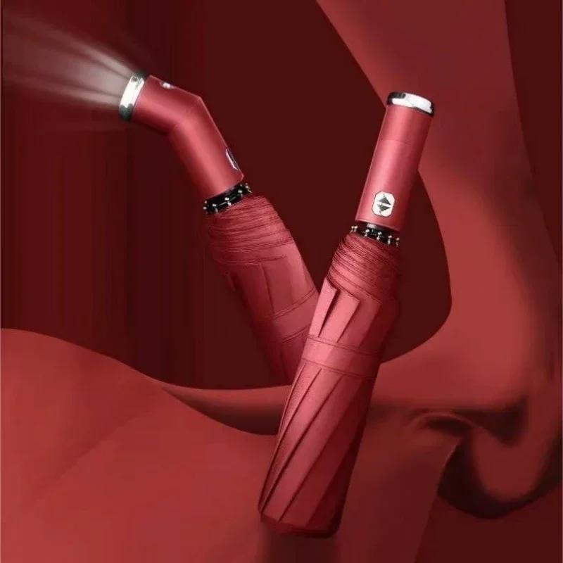 

Вращающийся светодиодный фонарик-зонт Прочный от солнца и дождя Двойного назначения 10-спицевый каркас Автоматический зонт Защита от УФ-лучей Компактный дорожный тент metal-fiber composite&10K красный