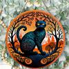 Decorative Black Cat Nature Landscape Print Round Wooden Hanging Plaque Indoor Wall Art Ornament Festival Home Decor Gift for Cat Lovers