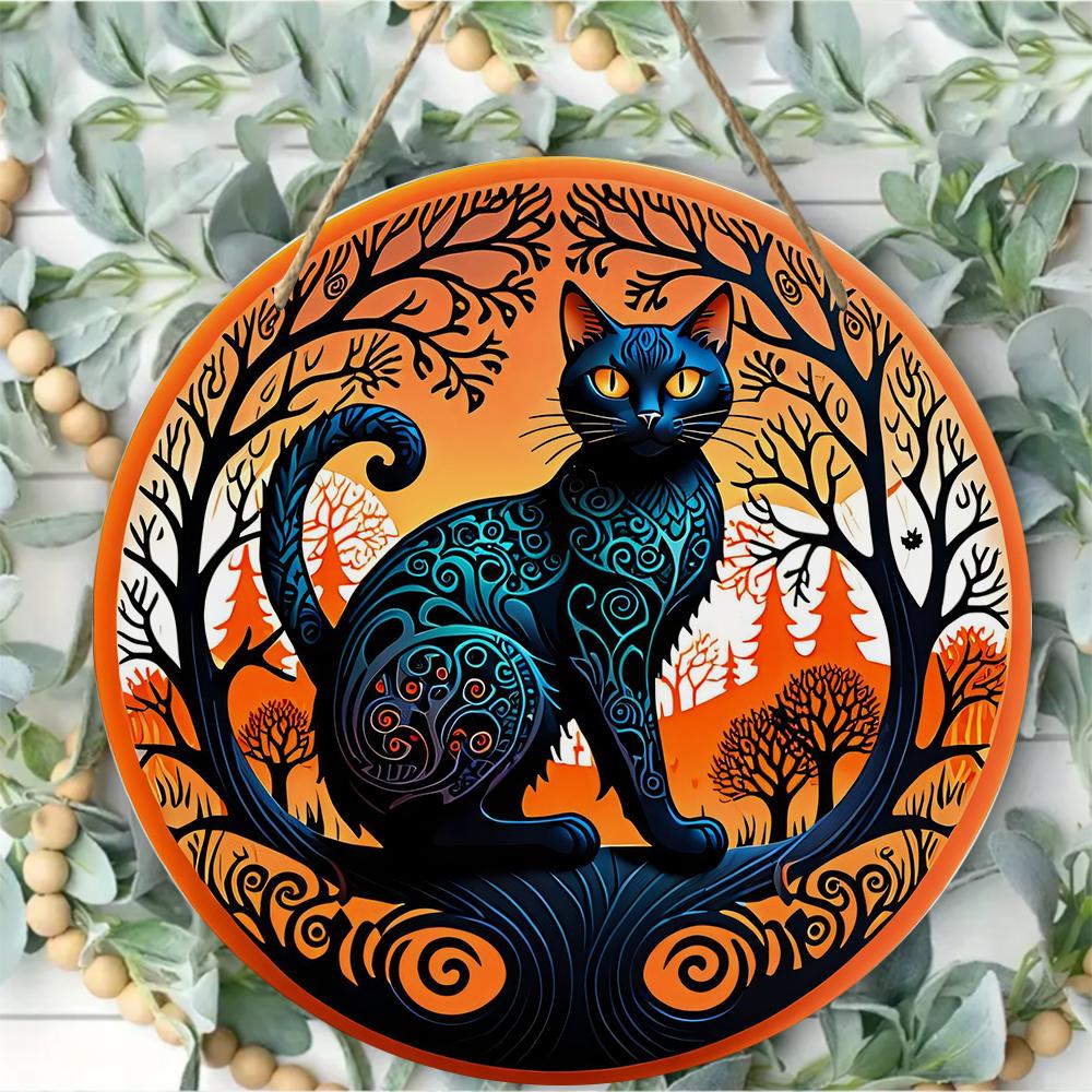 Decorative Black Cat Nature Landscape Print Round Wooden Hanging Plaque Indoor Wall Art Ornament Festival Home Decor Gift for Cat Lovers