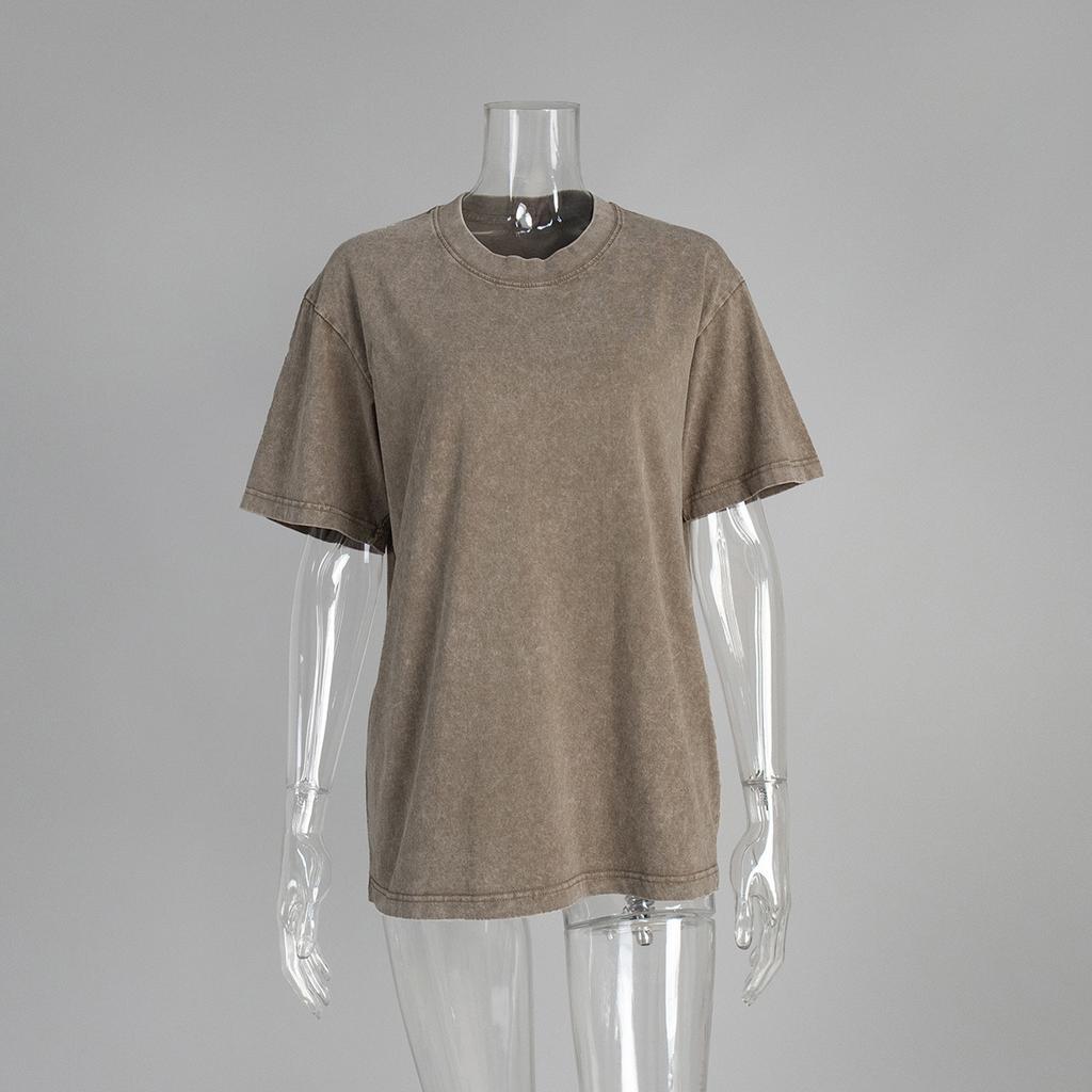 Washed and Worn Short Sleeved T-shirts for Summer Relaxation Round Neck Washed and Brushed Women’s T-shirts