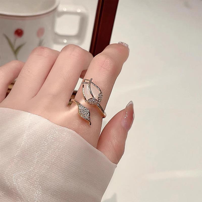 

Позолоченное кольцо-тюльпан «кошачий глаз» с дизайном пшеничного листа - модное заявление Adjustable Size