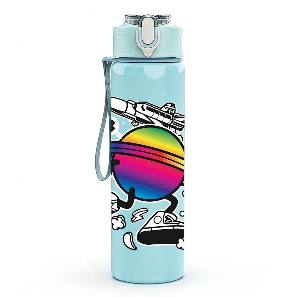 1PC Rainbow Planet Abstract Art 750ml Color Plastic Sports Water Bottle Leakproof Flip Straw Lid Suitable for Sports Office Home Use