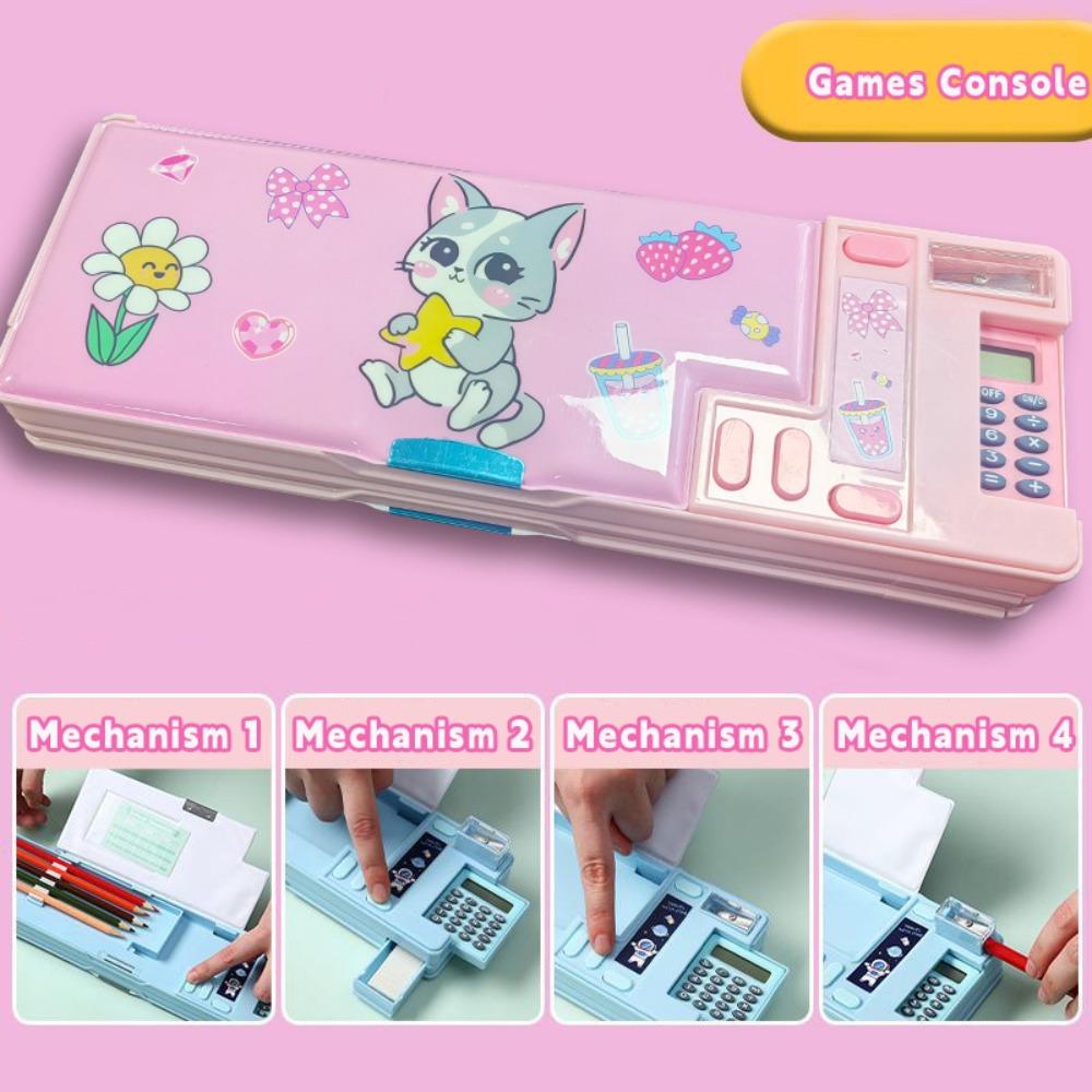 Plastic Pencil Case With Calculator/Pencil Sharpener Fun Mechanism Design Pencil Box Double Sided Use Multi-Functional Pen Bag