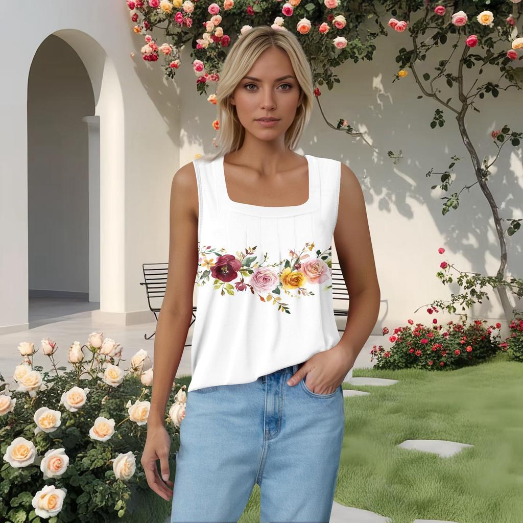 Women's Pleated Square Collar Sleeveless Vest Print T-shirt