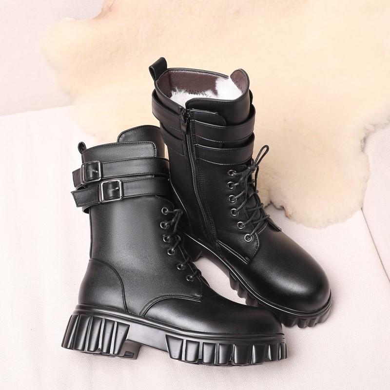 Mode AIYUQI Damen Winterstiefel 2025 Neue Plateau Echtleder Damen Mittelstiefel Wolle Warm Bikerstiefel Damen