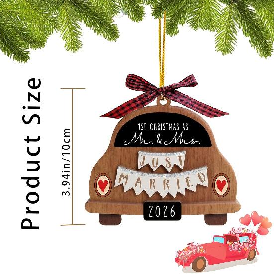 Wedding Gifts for Couples 2026 Newly Married Hanging Car Ornament Gift with Buffalo Plaid Bow Tie Just Married 3.9" Rustic Bridal Shower Decor for