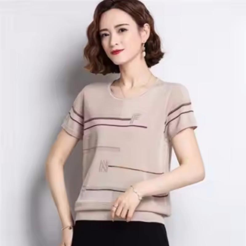 Women's Summer Ice-Silk Short-Sleeve T-Shirt; Loose-Fit, Shiny-Silk, Lightweight, Cropped Plus Size Knit Top for Moms